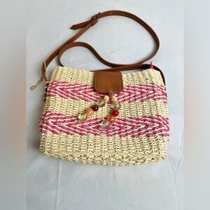 Sun and Sand Woven Pink and Cream Crossbody Bag